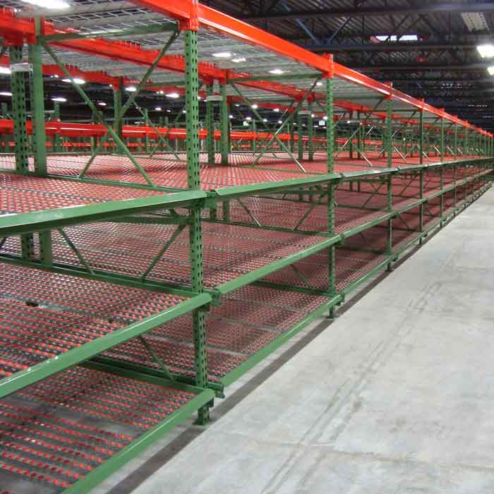 green and yellow flow storage racks that are levels high