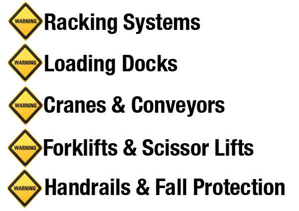 warning signs are used as bullet points for, Racking Systems, Loading Docks, Cranes & Conveyors, Forklifts & Scissor Lifts, Handrails & Fall Protection