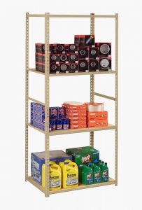 Steel shelving with four levels of shelves hold a variety of products