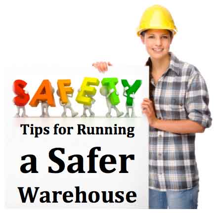 A woman in a hard hat and flannel smiles holidng a sign that says tips for running a safer warehouse