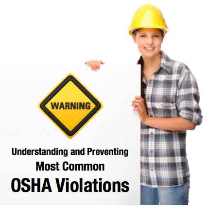 A woman in a flannel and hard hat hold a sign that reads Understanding and prevent most common OSHA violation underneath a yellow diamond with Warning written on it