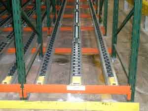 An empty bay of gravity flow pallet racking