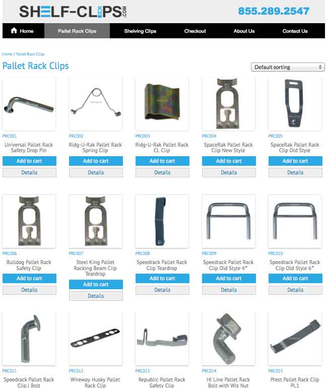 A Picture of th Shelf-clips.com website shows a variety of pallet rack clips and shelf clips for sale.