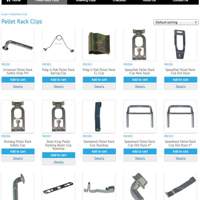 A Picture of th Shelf-clips.com website shows a variety of pallet rack clips and shelf clips for sale.
