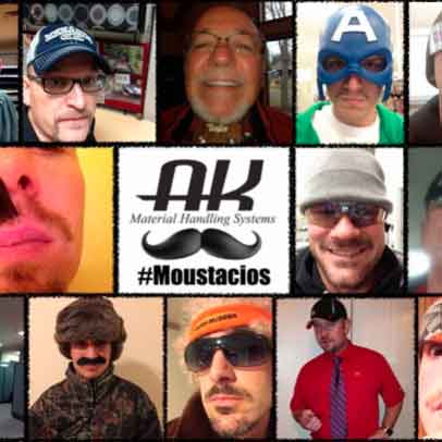 AK's male employees smile with mustaches in a collage, in the center the AKMHS logo is shown with a picuter of a mustache with "#moustacios" underneath