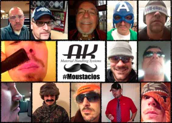 AK's male employees smile with mustaches in a collage, in the center the AKMHS logo is shown with a picuter of a mustache with "#moustacios" underneath