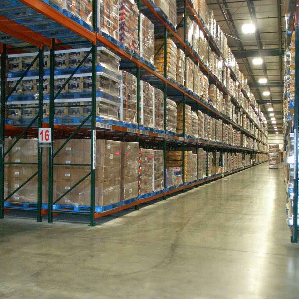 Double Deep Ridg-U-Rak pallet racking that is filled to the brim with materials