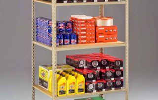 steel shelving with four shelves holding various products