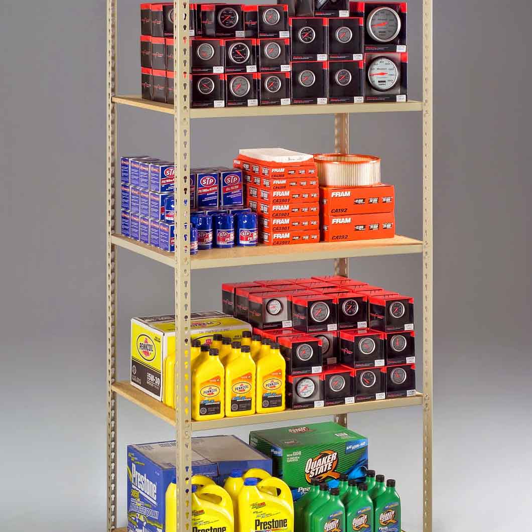 steel shelving with four shelves holding various products