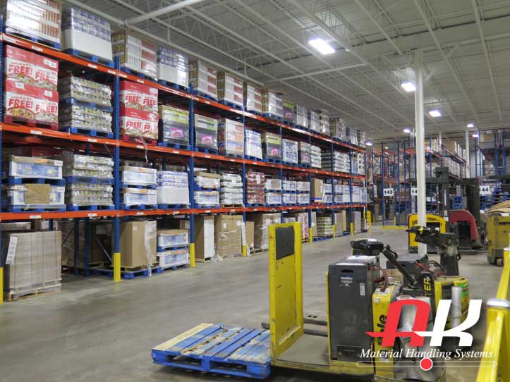 Warehouse holding product on pallet racks and equipment