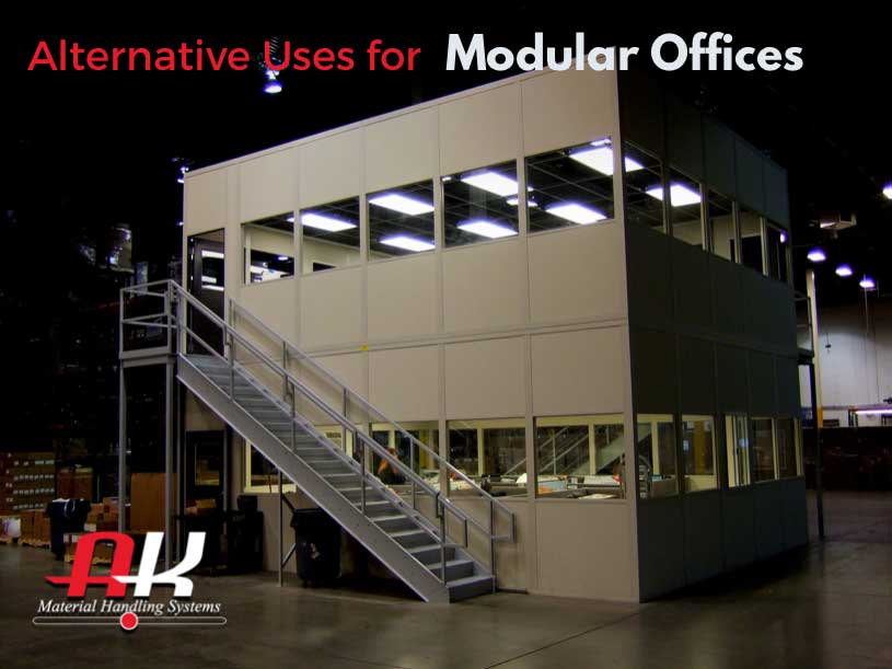Text reads Alternative Uses for Modular Offices Over an image of a modular office in the middle of a warehouse