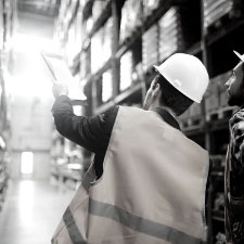 a man in a warehouse wearing a safety hat and vest holding a clipboard