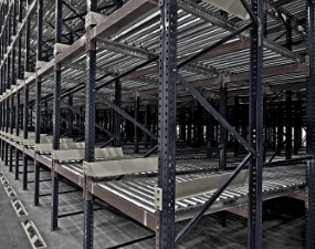 Empty gravity flow pallet rack system for first in first out applications.