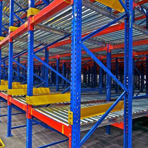 Empty gravity flow pallet rack system for first in first out applications.