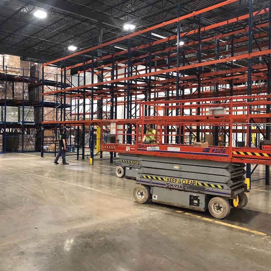 Pallet rack installation in progress for Second Harvest Heartland's Warehouse Expansion.