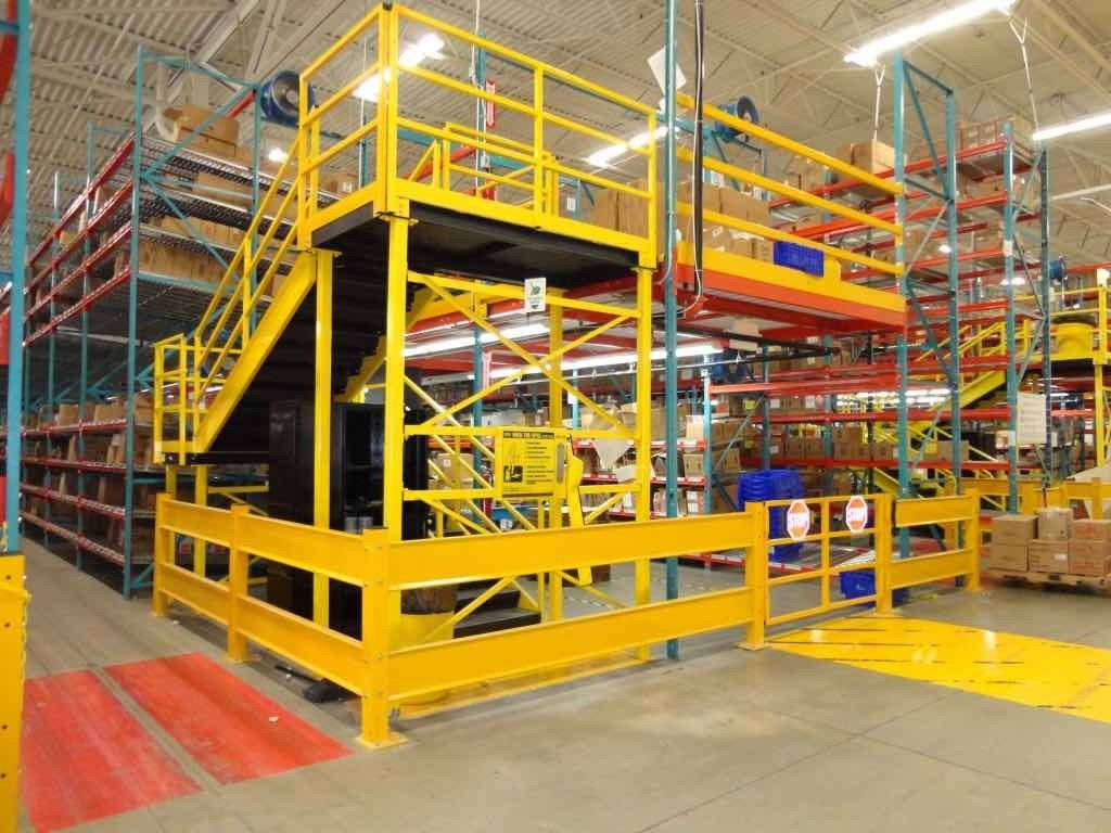 Free standing mezzanine providing storage on a second level for easy access.