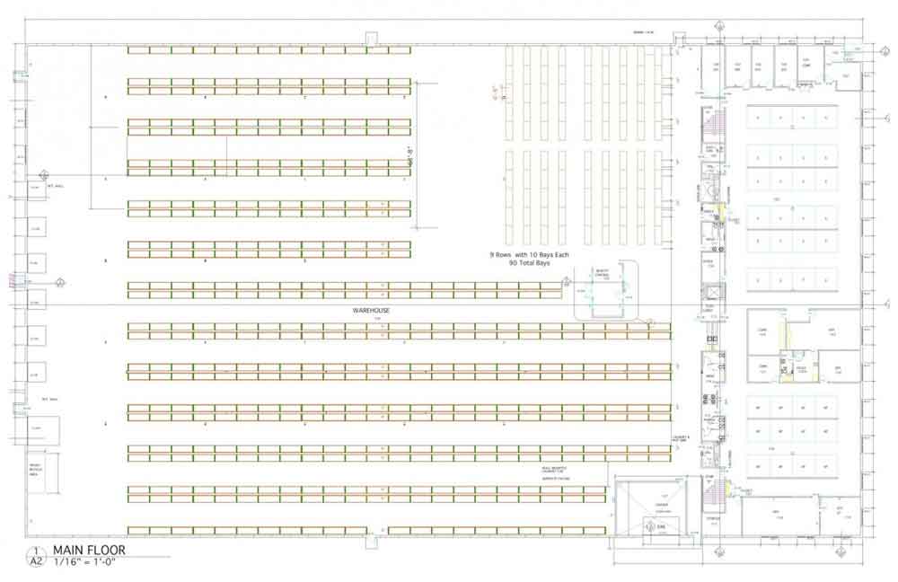 a blue print illustrating the layout of a warehouse