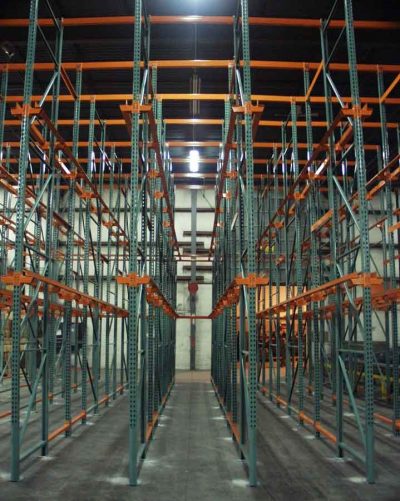 Empty drive-in system utilized for high density storage in warehouse.