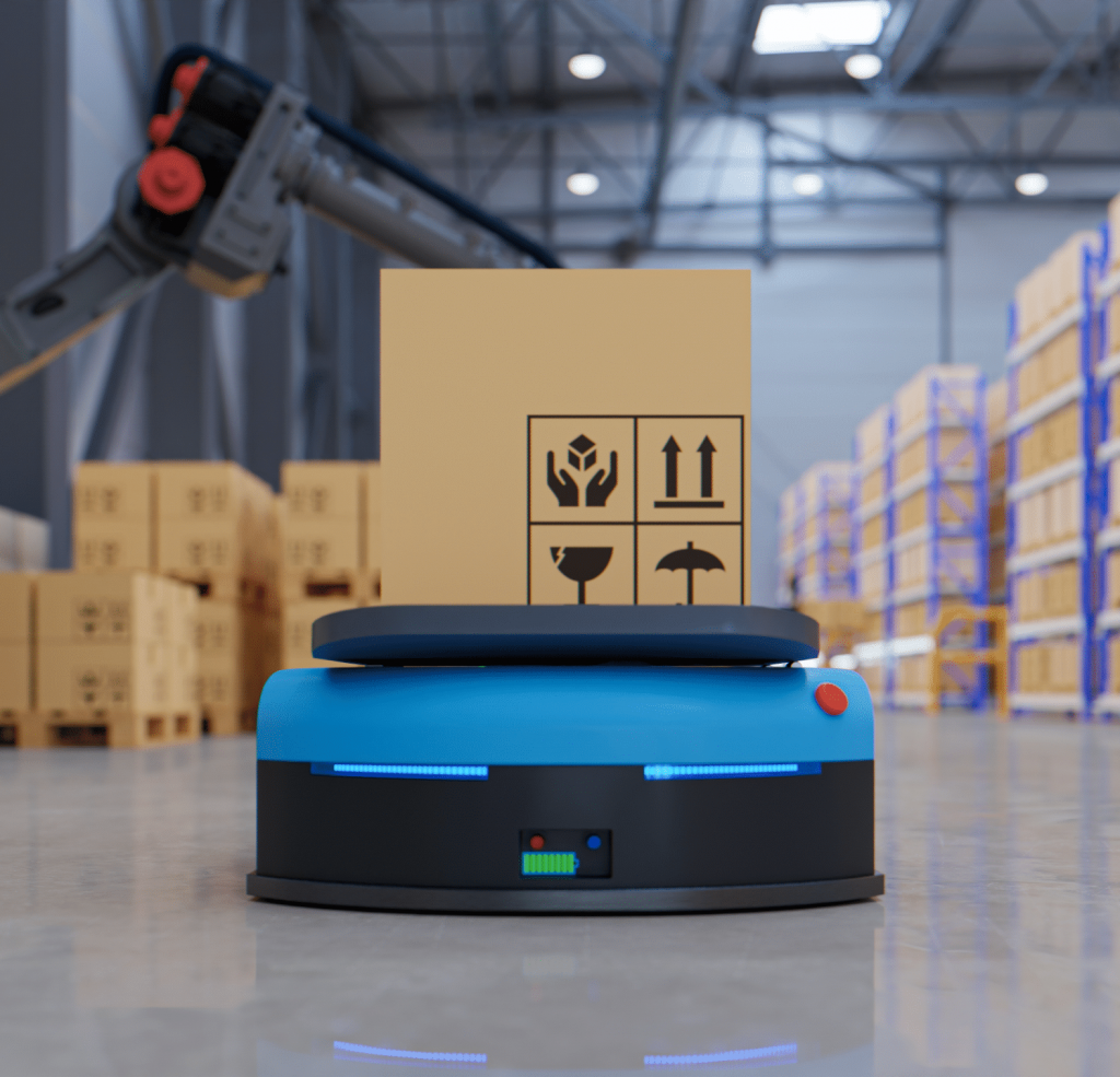 Automated Guided Vehicle carries a box